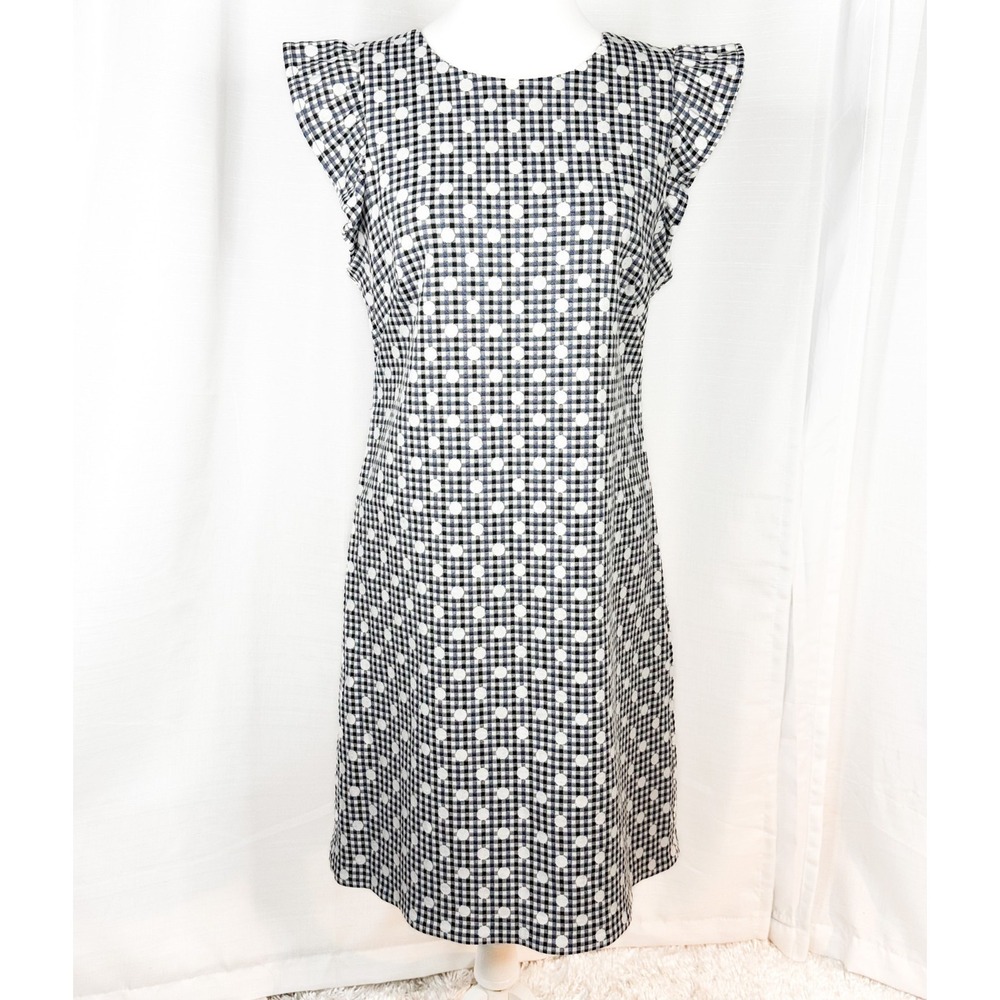 Eliza J Dress Womens 8 Black White Gingham Polka Dot Ruffle Sleeve Sheath EUC